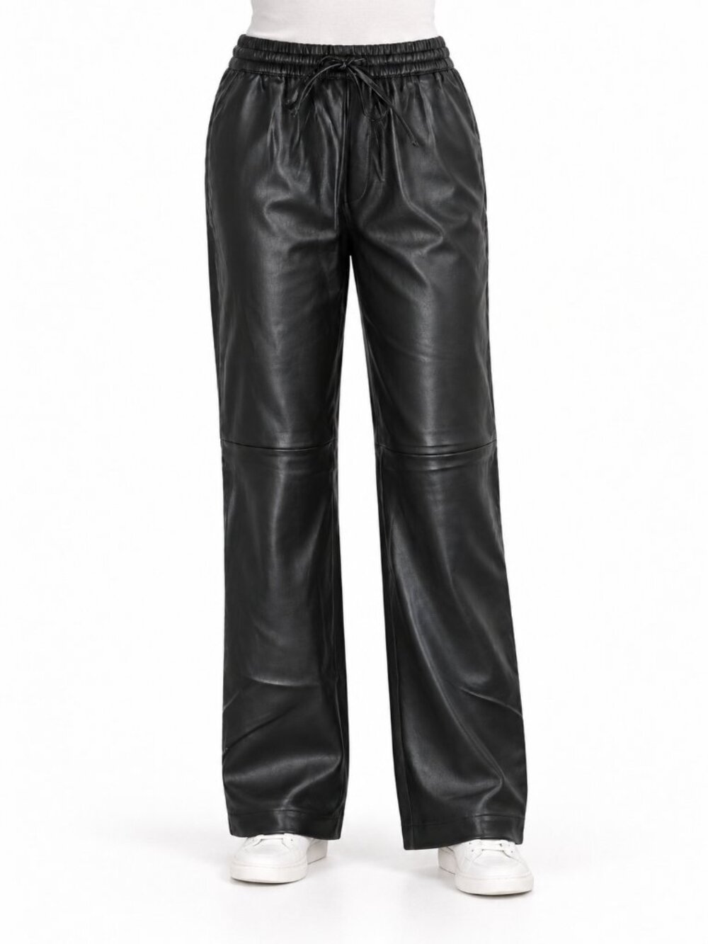 MNG Black Faux Leather Wide-Leg Pants with Drawstring Waist, XS
